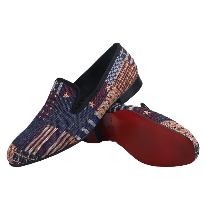 Piergitar 2021 American Flag Print  Men's Loafer Slippers For Party And Banquet Red Outsole Men's Casual Shoes Plus Size