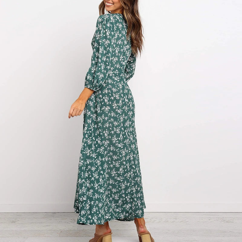 Women's Summer Bohemian Floral Print Long Maxi Dress Retro 3/4 Sleeve V-Neck Button Down High Waist Sundress Streetwear