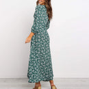 Women's Summer Bohemian Floral Print Long Maxi Dress Retro 3/4 Sleeve V-Neck Button Down High Waist Sundress Streetwear
