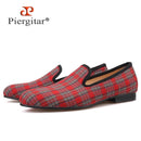 Piergitar 2021 New Handmade Scottish Plaid Men Fabric Shoes Men casual Loafers Plus Size Classic Smoking Slippers Flats