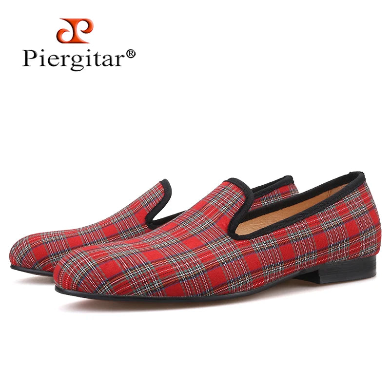 Piergitar 2021 New Handmade Scottish Plaid Men Fabric Shoes Men casual Loafers Plus Size Classic Smoking Slippers Flats