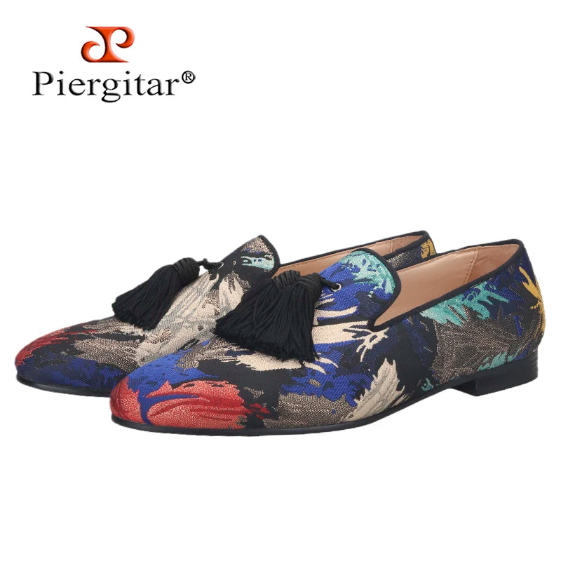 Piergitar 2021 New Style Oil Painting Silk Men Moccasin Handmade Tassel Men's Loafers Plus Size Slip-On Male Smoking Slippers