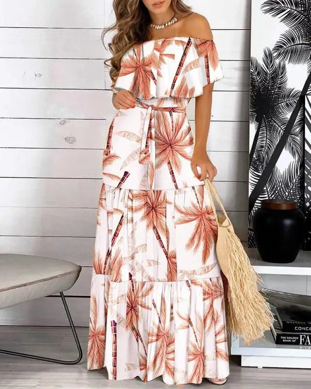Women's Print Ruffle Maxi Sundress Dress