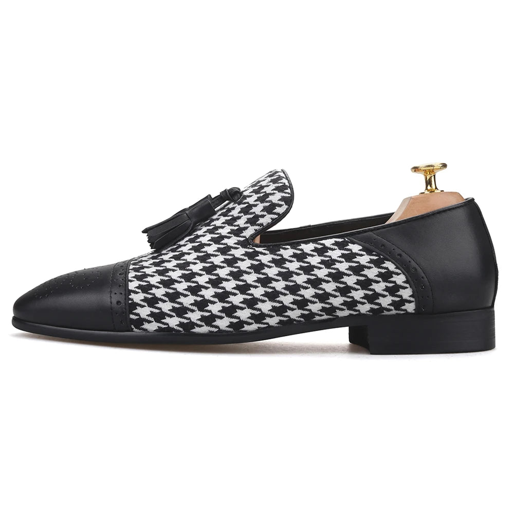 Piergitar brand new design houndstooth pattern men tassel shoes handmade men's loafers for party and prom men smoking slipper