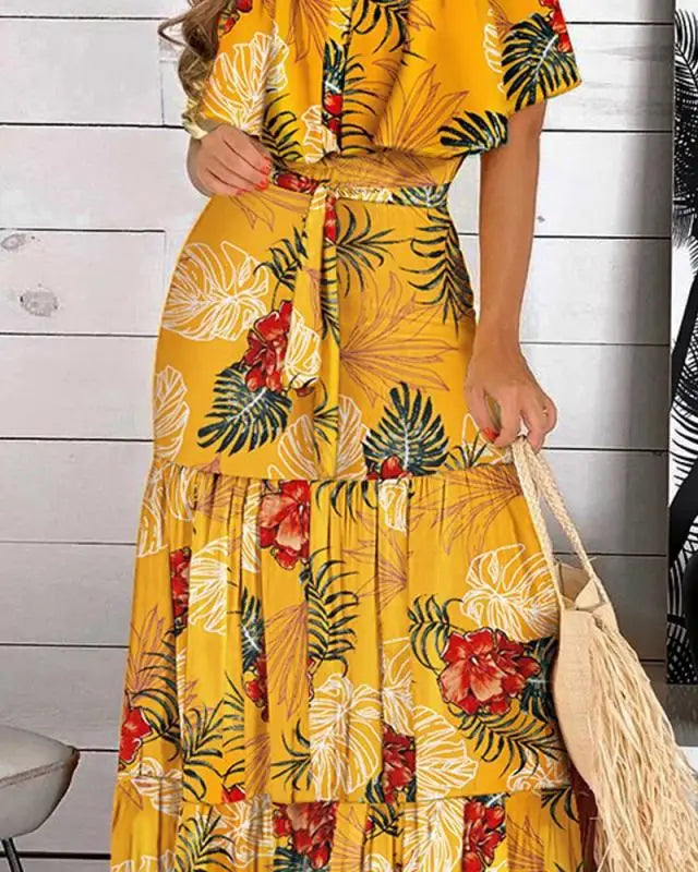 Women's Print Ruffle Maxi Sundress Dress