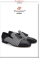 Piergitar brand new design houndstooth pattern men tassel shoes handmade men's loafers for party and prom men smoking slipper