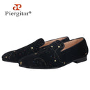 Piergitar 2021 Black Velvet Gold Dot Print Moccasin Handmade Men's Loafers British Classic Style Smoking Slippers Plus Size