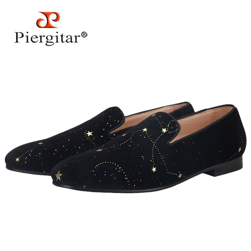 Piergitar 2021 Black Velvet Gold Dot Print Moccasin Handmade Men's Loafers British Classic Style Smoking Slippers Plus Size
