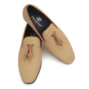 Men's canvas smoking slippers with leather tassel and two colors.