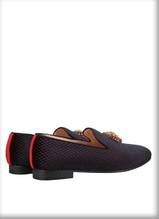 Top Quality Red and Black Velvet Loafers Man Moccasins With Gold Metal Rhinestone Buckles For Wedding And Party