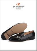 Piergitar 2019 New black Genuine leather men handmade loafers with metal buckle Fashion Party and wedding men dress shoes