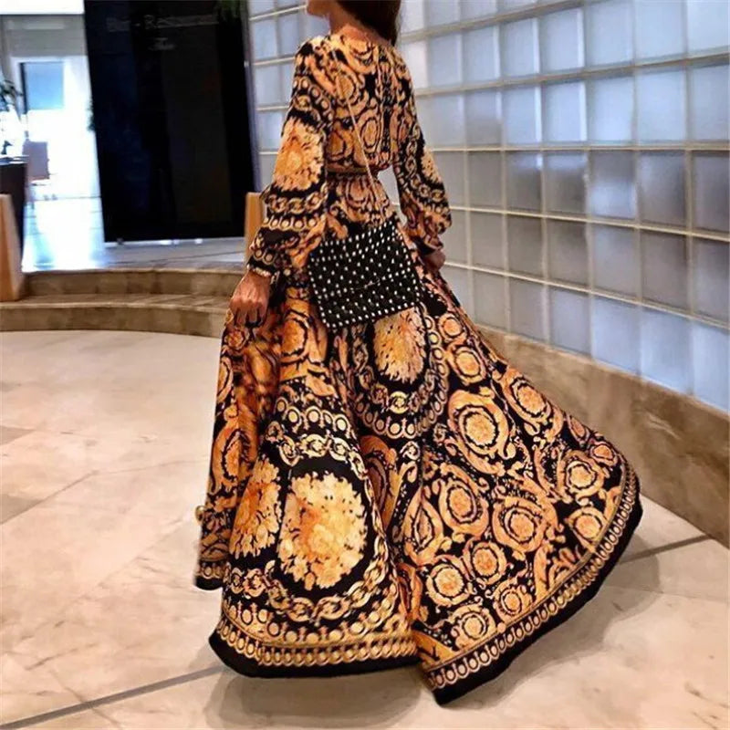 Womens boho maxi dress V neck loose Printed Long Dress