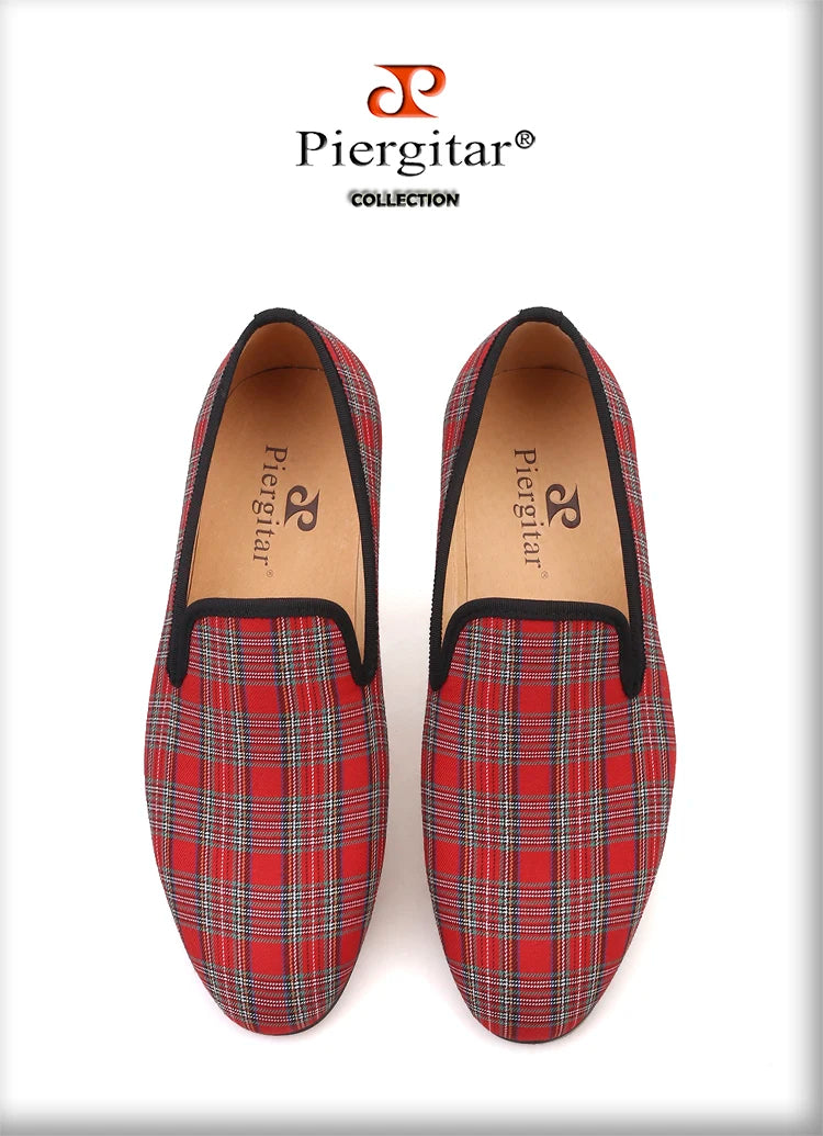 Piergitar 2021 New Handmade Scottish Plaid Men Fabric Shoes Men casual Loafers Plus Size Classic Smoking Slippers Flats