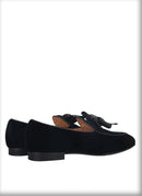 High Quality Men's Smoking Loafers in British Classic Style with Handmade Leather Bow Tie, Black Velvet Moccasin