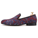 Men's smoking slippers and party shoes with cashew flowers on velvet in plus size.