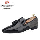 Piergitar 2021 Handmade Black Patent Leather Tassel Design Men's Loafers Classic Stitching Rhinestone Men Flats Red Color Bottom