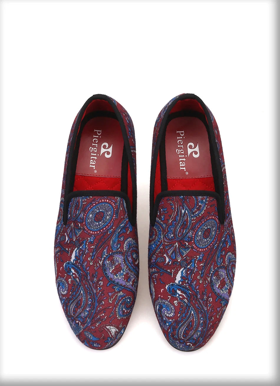 Men's smoking slippers and party shoes with cashew flowers on velvet in plus size.