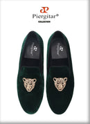 Piergitar leopard metal buckle men velvet shoes fashion party and wedding men loafers handmade men's smoking slippers plus size