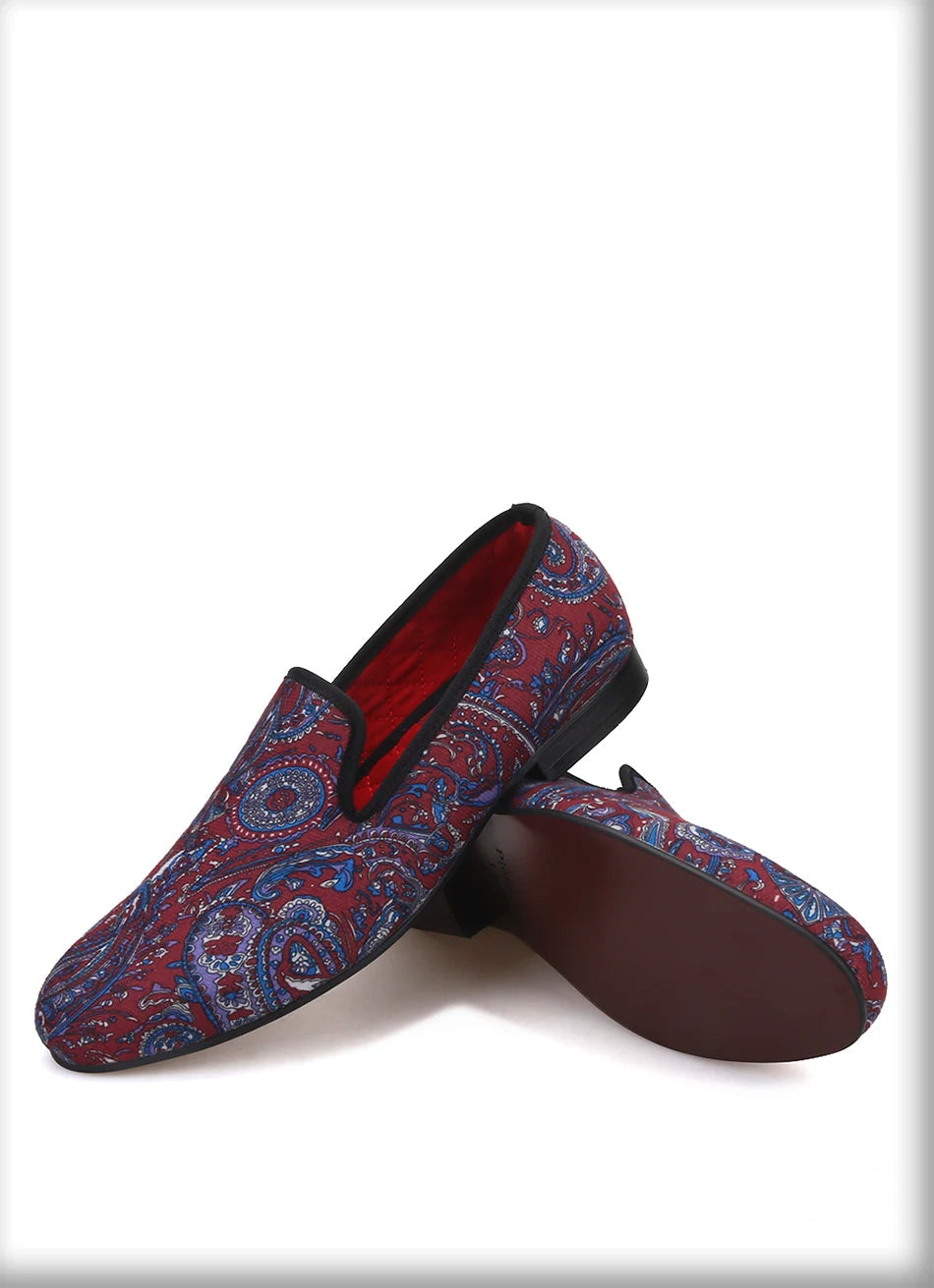 Men's smoking slippers and party shoes with cashew flowers on velvet in plus size.
