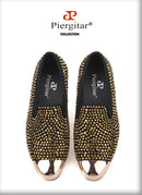 Piergitar gold metal toe and crystal men loafers handmade men's leather smoking slippers party and wedding men dress shoes