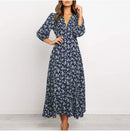 Women's Summer Bohemian Floral Print Long Maxi Dress Retro 3/4 Sleeve V-Neck Button Down High Waist Sundress Streetwear
