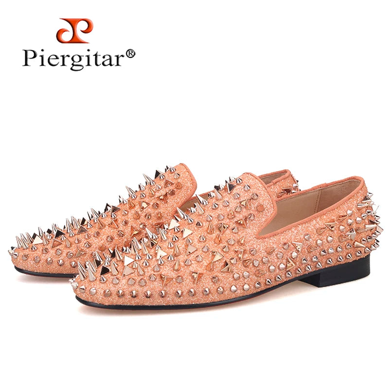 Piergitar 2021 Handmade Gold Spikes Flat For Party And Wedding Red Color Outsole Men's Loafers Luxurious Moccasin Plus Size