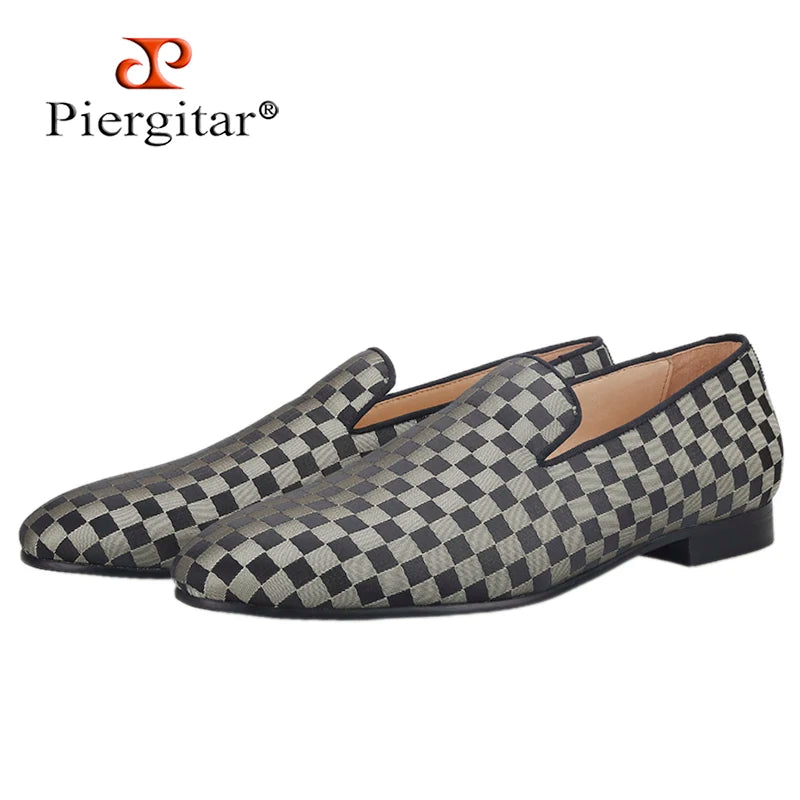 Piergitar 2022 Four Colors Checkerboard Print Silk Handmade Men's Loafers Classic British Style Man Smoking Slippers For Party