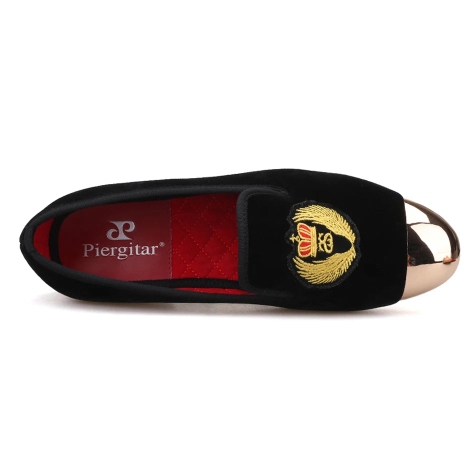 Piergitar 2019 New Style Men Velvet Shoes Metal toe with handwork embroidery Smoking Slipper Men's Flats shoes plus size