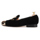 British style men's loafers with gold toes and a skull buckle, black velvet men's shoes.