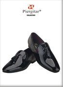 Piergitar 2021 Handmade Black Patent Leather Tassel Design Men's Loafers Classic Stitching Rhinestone Men Flats Red Color Bottom