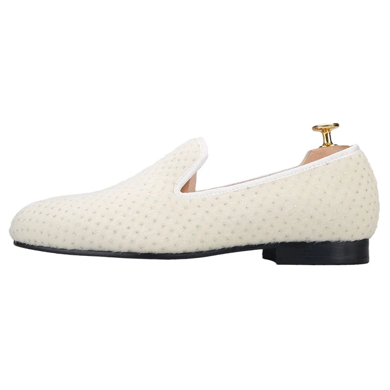 Piergitar 2021 Handmade white color men's loafers with small Rhinestones Party and wedding man velvet shoes plus size flats
