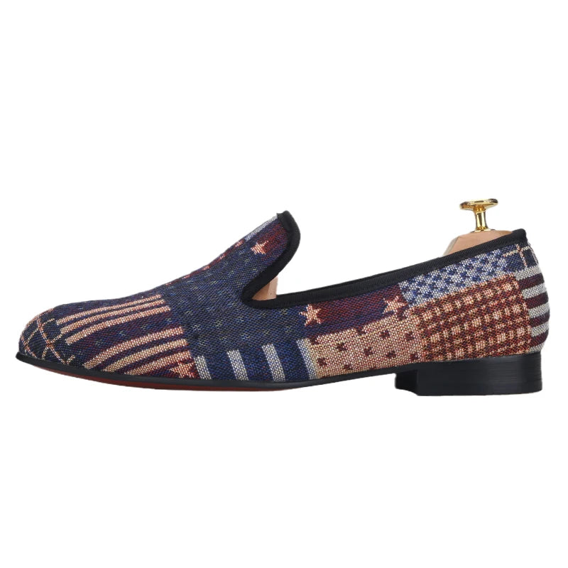 Piergitar 2021 American Flag Print  Men's Loafer Slippers For Party And Banquet Red Outsole Men's Casual Shoes Plus Size