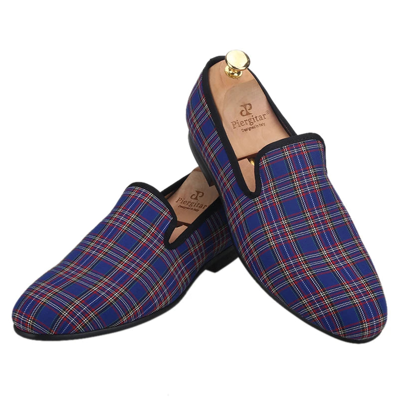 Piergitar 2021 New Handmade Scottish Plaid Men Fabric Shoes Men casual Loafers Plus Size Classic Smoking Slippers Flats