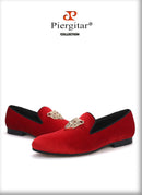 Piergitar leopard metal buckle men velvet shoes fashion party and wedding men loafers handmade men's smoking slippers plus size