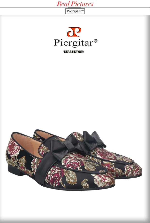 Piergitar 2021 New Style Floral Printed Silk Men Moccasin Handmade Leather Butterfly-Knot Men's Loafers Plus Size Man Flat Shoes