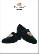 Piergitar leopard metal buckle men velvet shoes fashion party and wedding men loafers handmade men's smoking slippers plus size