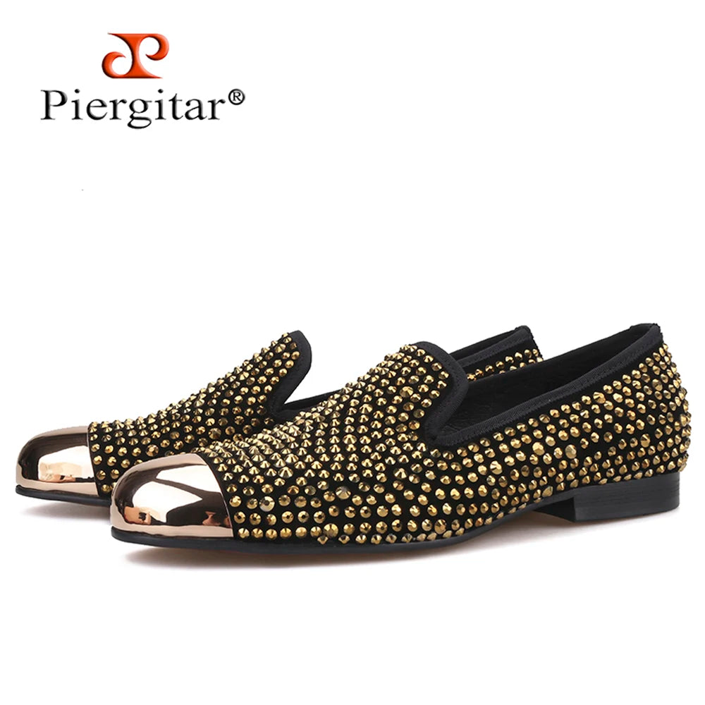 Piergitar gold metal toe and crystal men loafers handmade men's leather smoking slippers party and wedding men dress shoes