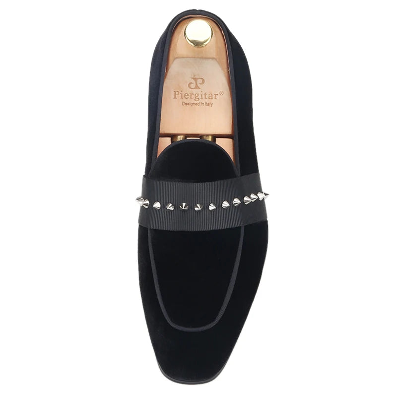 Handmade Black Velvet Men's Spiked Shoes Fashion Red Color Sole Loafers Plus-Size Male Flats with Leather Insole