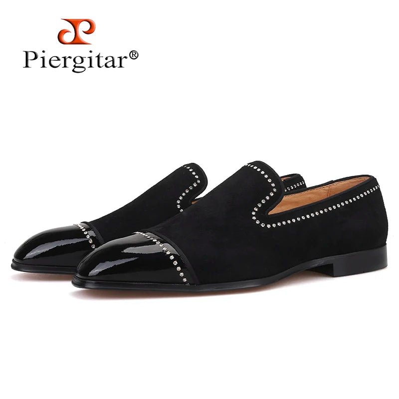 Piergitar 2019 handmade black suede leather men loafers rhinestone men casual shoes Fashion Party and wedding men dress shoes