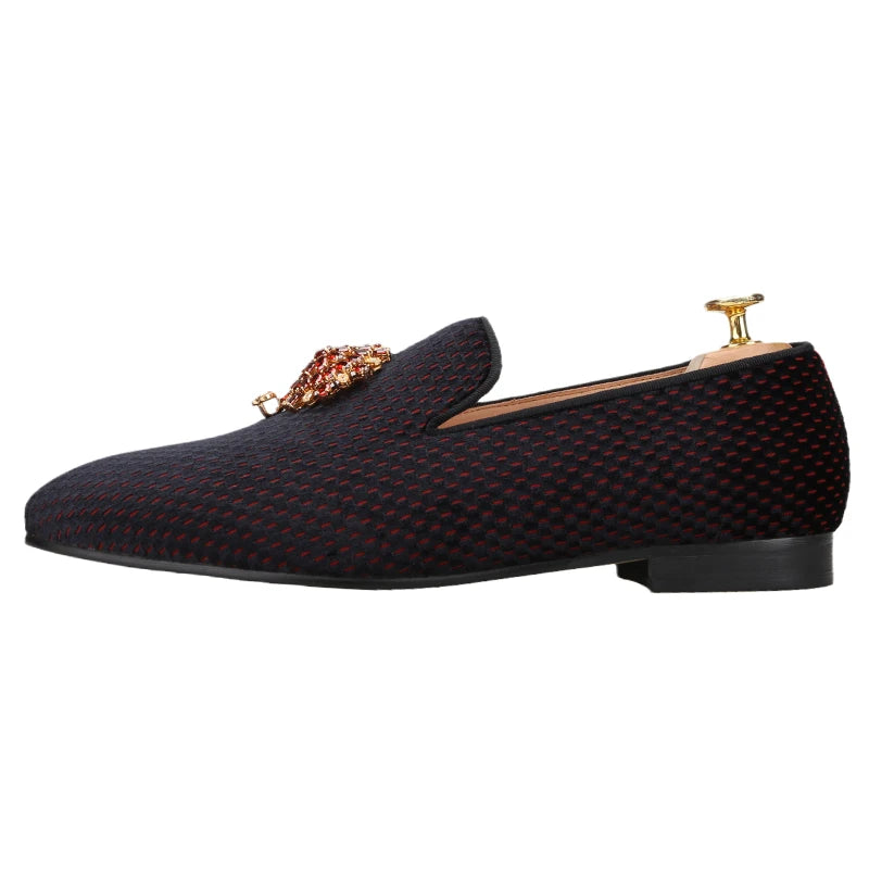 Top Quality Red and Black Velvet Loafers Man Moccasins With Gold Metal Rhinestone Buckles For Wedding And Party