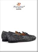 Piergitar handmade grey black knitted fabric men loafers with leather tie classic men's smoking slippers plus size