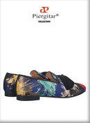 Piergitar 2021 New Style Oil Painting Silk Men Moccasin Handmade Tassel Men's Loafers Plus Size Slip-On Male Smoking Slippers