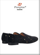 Piergitar 2021 Black Velvet Gold Dot Print Moccasin Handmade Men's Loafers British Classic Style Smoking Slippers Plus Size