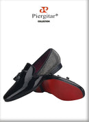 Piergitar 2021 Handmade Black Patent Leather Tassel Design Men's Loafers Classic Stitching Rhinestone Men Flats Red Color Bottom