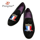 Piergitar Handmade Embroidery Of Four Powerful Football Countries Black Velvet Men Loafers Genuine Leather InSoles And Outsoles