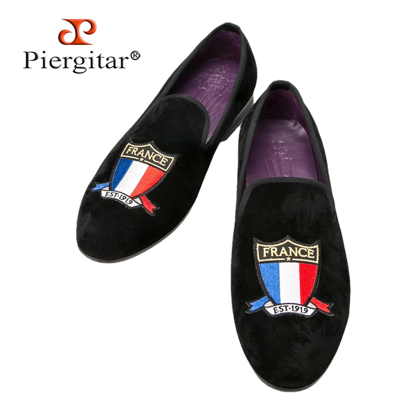 Piergitar Handmade Embroidery Of Four Powerful Football Countries Black Velvet Men Loafers Genuine Leather InSoles And Outsoles