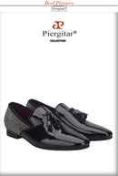 Piergitar 2021 Handmade Black Patent Leather Tassel Design Men's Loafers Classic Stitching Rhinestone Men Flats Red Color Bottom