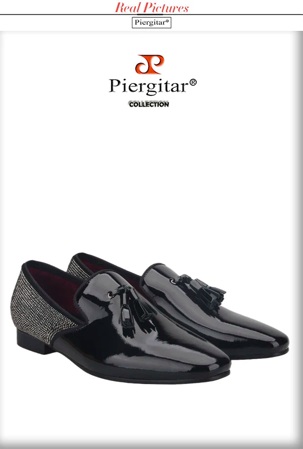 Piergitar 2021 Handmade Black Patent Leather Tassel Design Men's Loafers Classic Stitching Rhinestone Men Flats Red Color Bottom