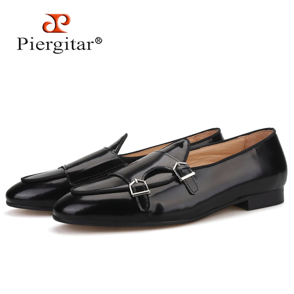 Piergitar 2019 New black Genuine leather men handmade loafers with metal buckle Fashion Party and wedding men dress shoes