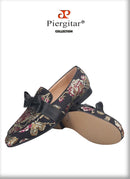 Piergitar 2021 New Style Floral Printed Silk Men Moccasin Handmade Leather Butterfly-Knot Men's Loafers Plus Size Man Flat Shoes